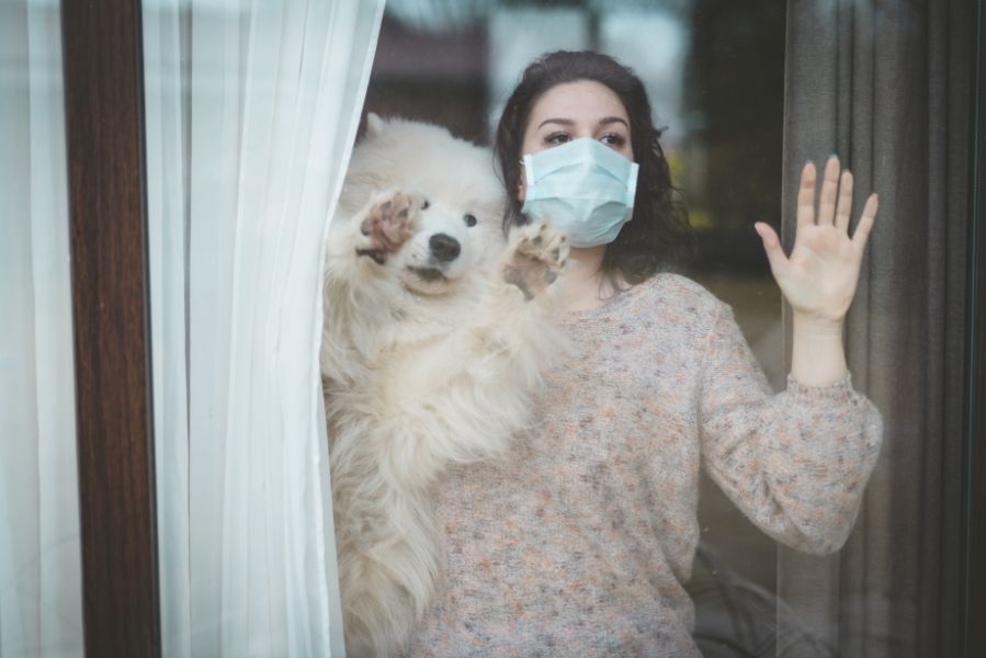 A woman wearing a mask standing with her dog in a window