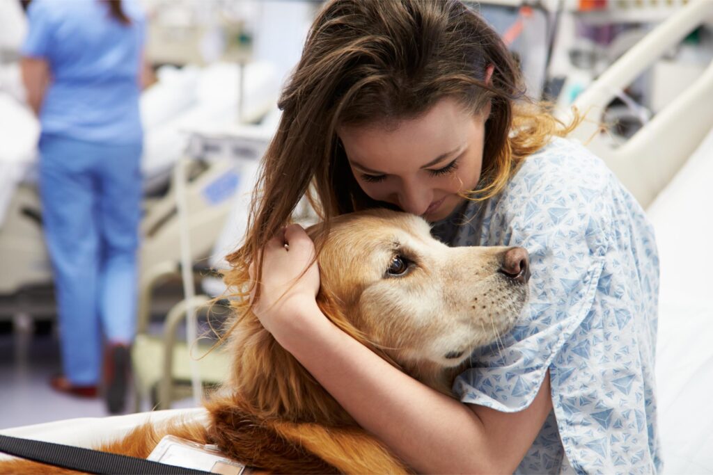 female hugging therapy dog. 